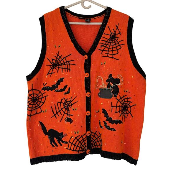 Vintage Halloween knit sweater vest nostalgia 90s Y2K ugly sweater witch bat 2X - Picture 1 of 11